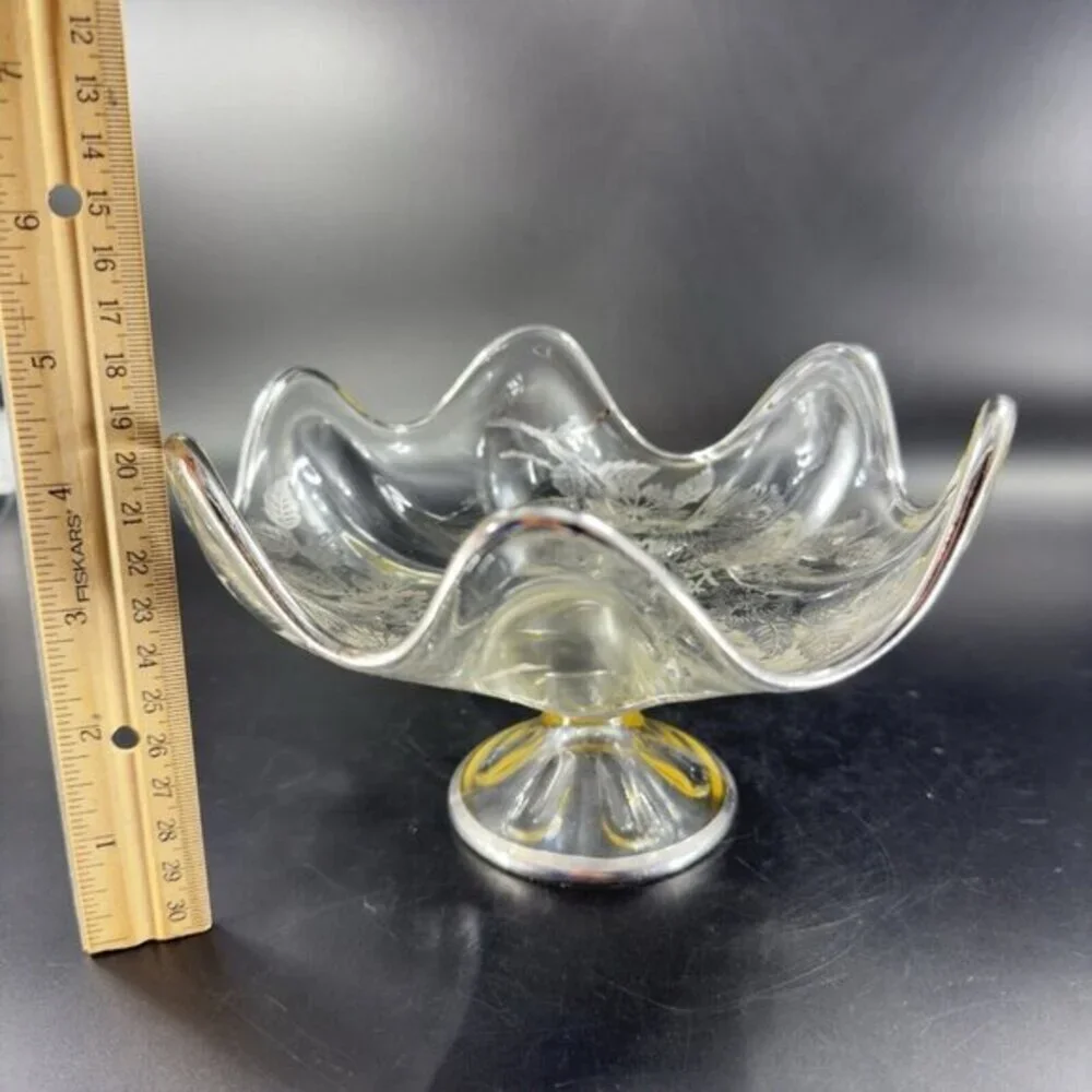 Vintage Viking Clear Footed Dish Bowl With Silver Overlay Flowers Pattern‎ VTG